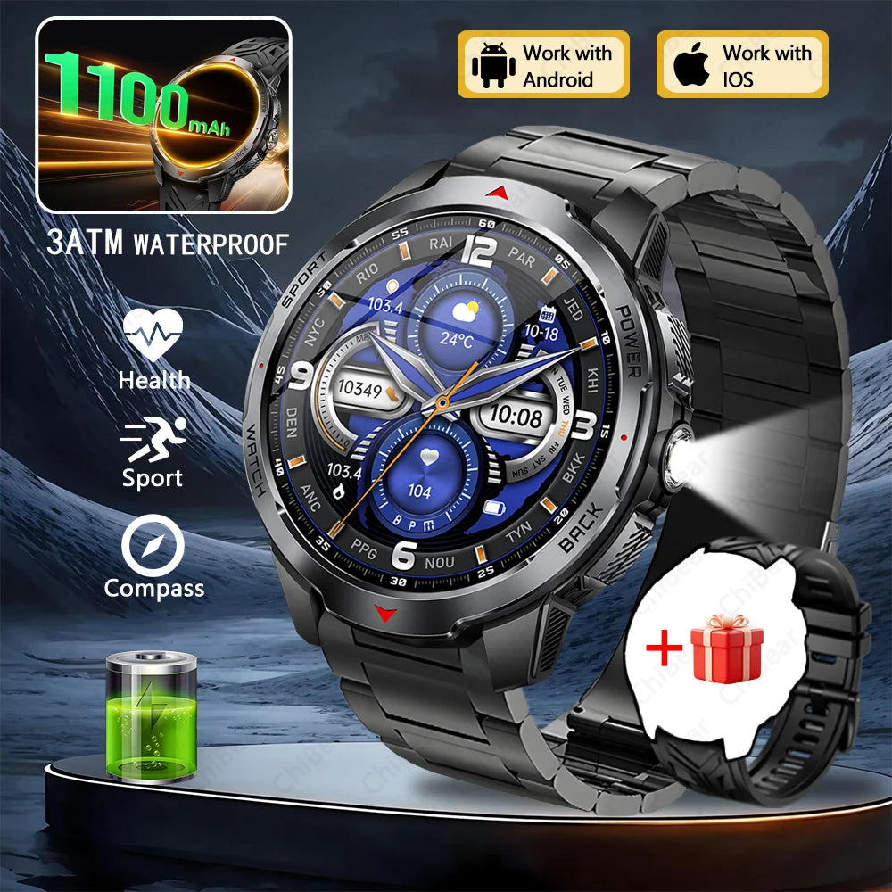 GPS Outdoor Sports Smartwatches 1100mAh Battery Compass Men's LED Lights 5ATM Waterproof Watch Bluetooth Call Smart Watch