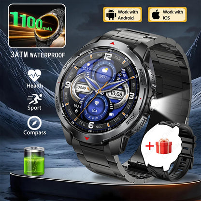 GPS Outdoor Sports Smartwatches 1100mAh Battery Compass Men's LED Lights 5ATM Waterproof Watch Bluetooth Call Smart Watch