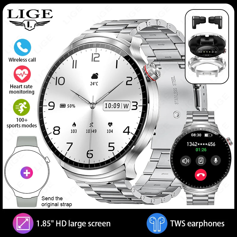 LIGE 2025 Smart Watch 2 in 1 With Earphone Smartwatch Bluetooth Call Men Watch AI Voice Heart Rate Monitor Play Music SmartWatch