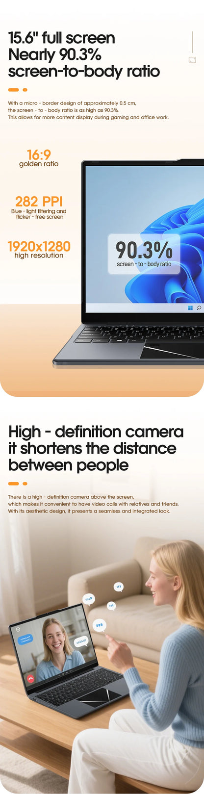 15.6" Ultra Slim Laptop 16GB RAM 512GB SSD Intel N5095 Notebook 1920*1080 FHD Screen Windows 10 Office Study Portable Computer
