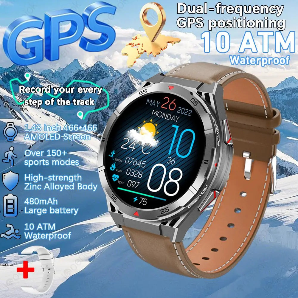 GPS Smartwatch Men 1.43" AMOLED 10ATM Waterproof Bluetooth HD Call Compass Altitude Barometer Multi Sport Mode Smart Watch