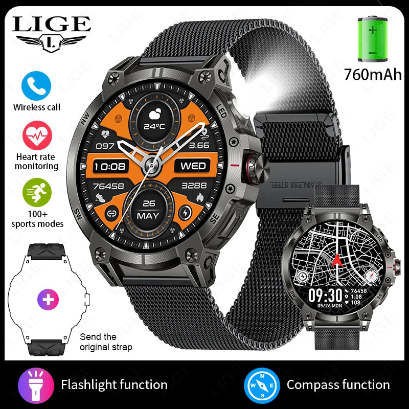 New Military Smart Watch Men 760mAh Large Battery LED Flashlight Compass 1.8"HD Screen Heart rate Waterproof BT Call Smartwatch