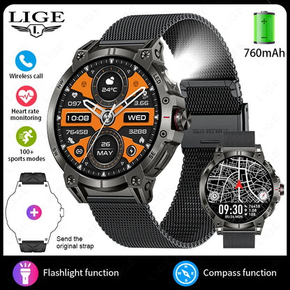 New Military Smart Watch Men 760mAh Large Battery LED Flashlight Compass 1.8"HD Screen Heart rate Waterproof BT Call Smartwatch