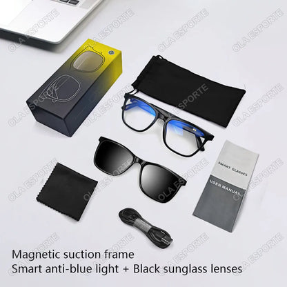 Hot GS05 Smart Glasses For Men 2 in 1 UV Protection Portable Polarized Anti-blue light Black Frame White Lenses Music Sunglasses