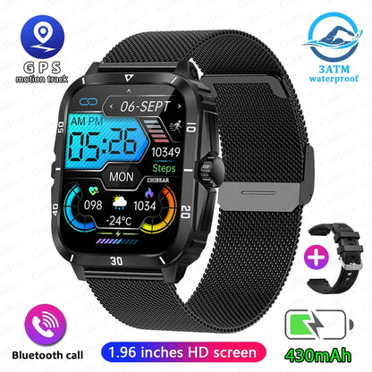 3ATM Waterproof Smartwatch Men 1.96 Inch HD Screen GPS Sports Fitness Tracker Health Monitoring Bluetooth Call Sport Smart Watch