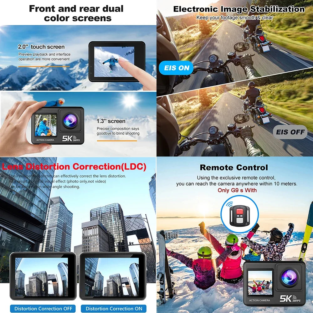 Action Camera 5K 4K60FPS 50MP 2.0 Touch EIS Pre-Record Wireless Mic Wi-Fi 170D DVR Webcam Waterproof 30M 5X Zoom Sports Camera