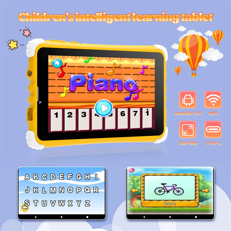 7 Inch Kids Tablet 4GB RAM 128GB ROM Android 15.0 MTK8321 Quad Core Dual Camera WIFI 1024*600 IPS Screen Childrem's Gift Tablets