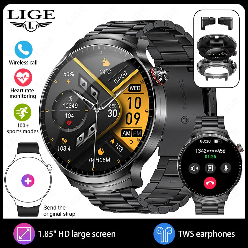 LIGE 2025 Smart Watch 2 in 1 With Earphone Smartwatch Bluetooth Call Men Watch AI Voice Heart Rate Monitor Play Music SmartWatch
