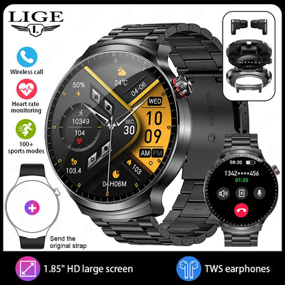 LIGE 2025 Smart Watch 2 in 1 With Earphone Smartwatch Bluetooth Call Men Watch AI Voice Heart Rate Monitor Play Music SmartWatch
