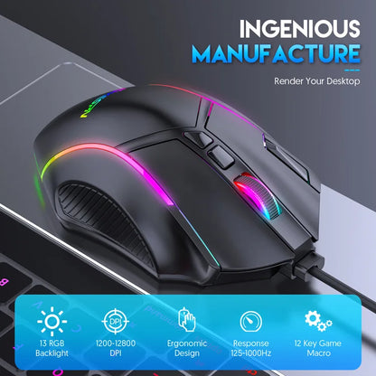 Macro Definition Wired Rgb Gaming Mouse  Full Speed 12800dpi 12 Keys Computer Accessories