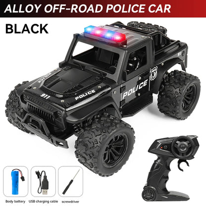 Remote-controlled off-road police car, cool police lights, simulated siren sounds, 1:16 scale alloy body,Spring shock absorption