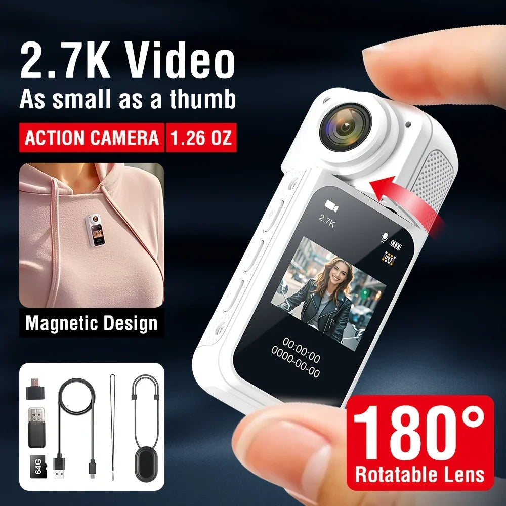 Thumb Action Camera Mini 2.7K Sport Go Pro Cameras Pocket Cam Instant 180°Angle WIFI Recorder Magnetic Attraction Bracket Camera