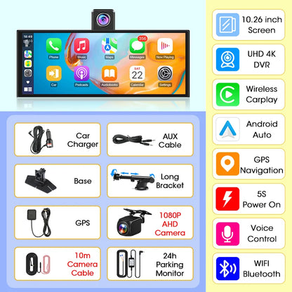 4K Dash Cam 10.26 inch Carplay & Android Auto Car DVR Video Recorder Dahscam Camera 5G Wifi GPS Navigation FM AUX 360 ° Rotation