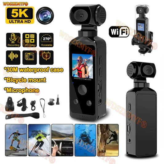 NEW 5K Outdoor Sports Camera 270°Pocket Action Body Cam Helmet Motorcycle Bike Mini Filming Video Recorder Diving Shooting
