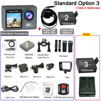 5K 4K60FPS Action Camera Dual IPS Touch LCD DVR EIS 170° 30M Waterproof 5X Zoom Sport Camera With Wireless Mic&Remote Control