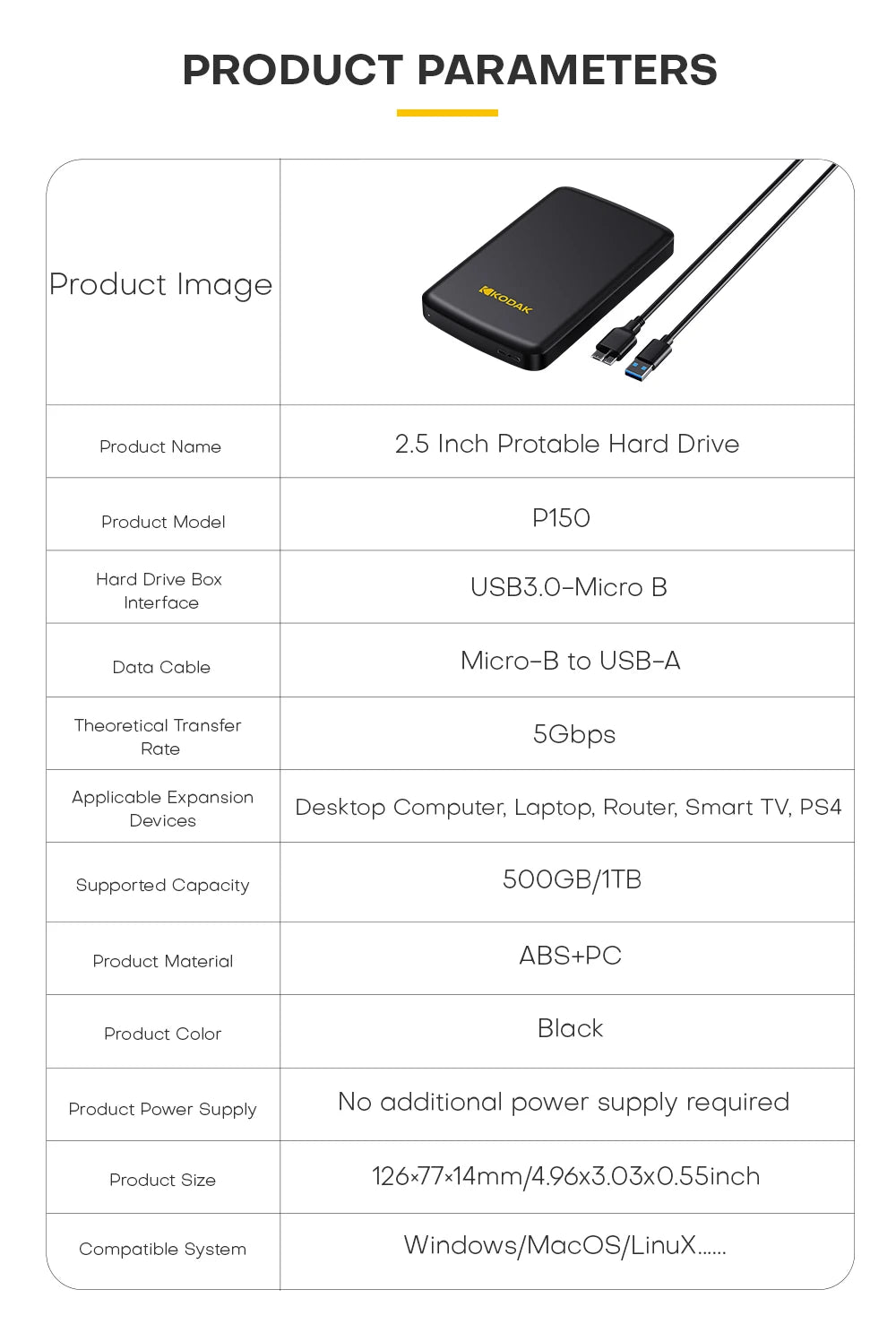 KODAK External Hard Drive 1T 500GB USB3.0 High Speed Gaming Storage Portable External Disk for Laptop Desktop PS4 PS5