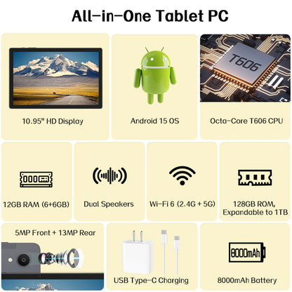 Android 15 Tablet with Keyboard, 12GB RAM (6+6), 128GB Storage, 1TB Expandable, 8000mAh Battery, 10.95 Inch 2-in-1 Tablets PC