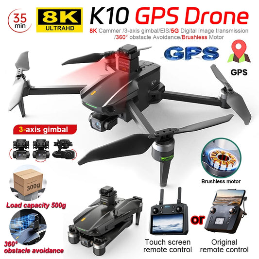10KM 35 Mins With Touch Screen RC K10 Professional GPS Drone with 3-Axis Gimbal 8K Dual Camera FPV Brushless Airdrop Quadcopter