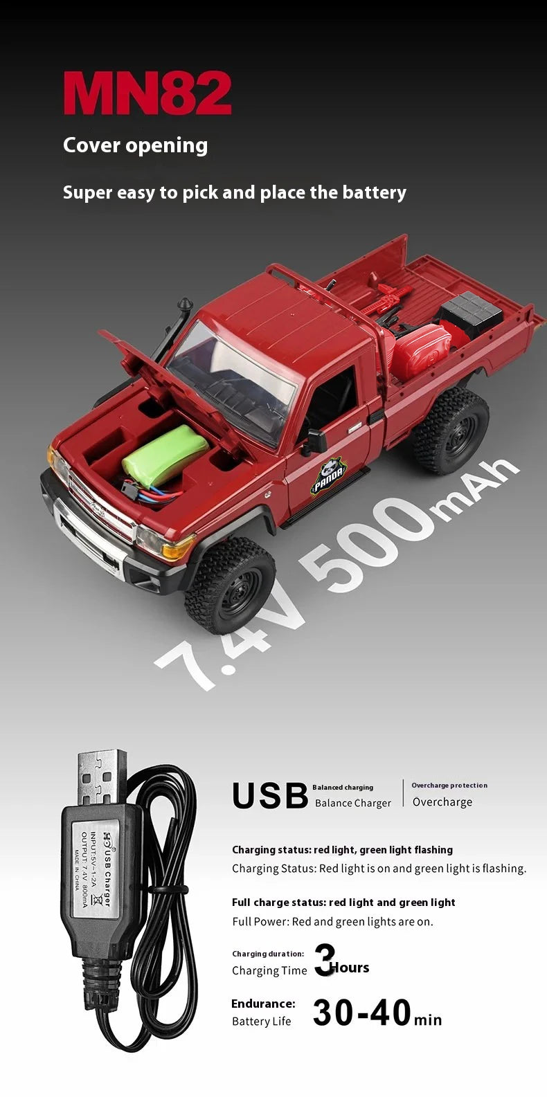 Panda Edition MN82 RC Cars 1/12 Full Scale 2.4G4WD 280 Motor Remote Control Off-Road Pickup Truck Model Car for Boys Adult Gifts