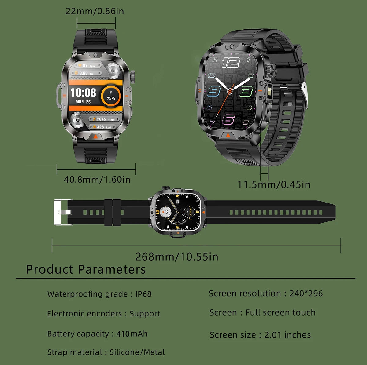 LED Flashlight Smart Watch 2.01" Bluetooth Call Voice Assistant Multi Sports Modes Health Monitoring Smartwatch For Men Women