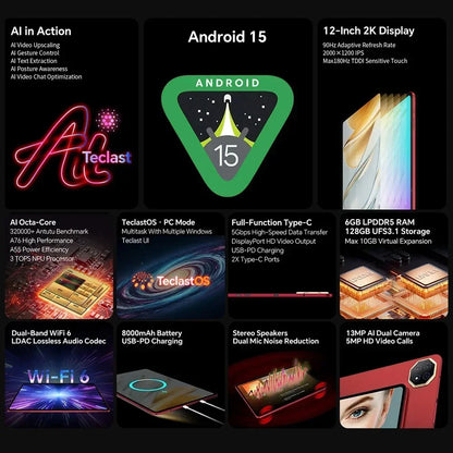NEW Tablet Teclast T60 AI Allwinner A733 Octa-Core 12inch 2K HD TDDI Screen 6GB RAM 128GB ROM Android 15 WiFi6 8000mAh 13MP+5MP