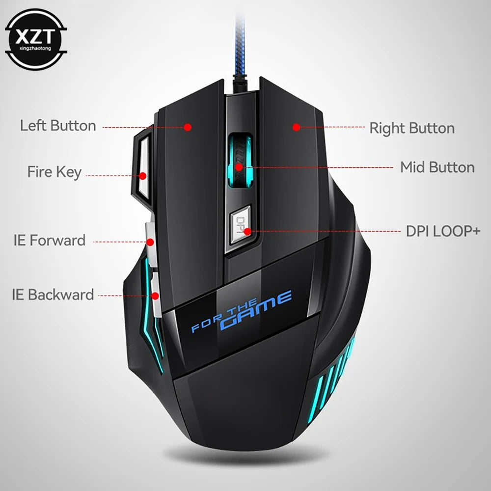 Professional Wired Gaming Mouse 7 Button Ergonomic USB Optical Mice 5500 DPI Backlight Adjustable for PC Gamer Computer Desktop