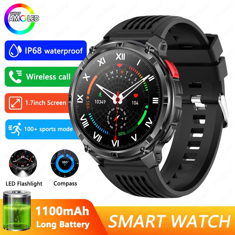 1100mAh Battery Outdoor Sport Smartwatches Men LED Flashlight Message Push Heart Rate 3ATM Waterproof Bluetooth Call Smart Watch