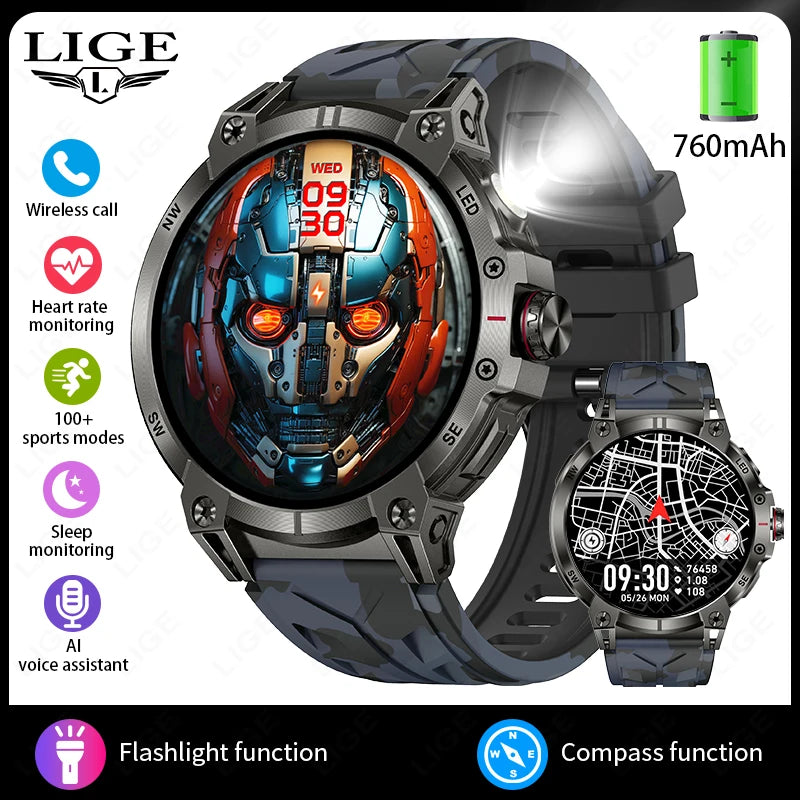 New Military Smart Watch Men 760mAh Large Battery LED Flashlight Compass 1.8"HD Screen Heart rate Waterproof BT Call Smartwatch