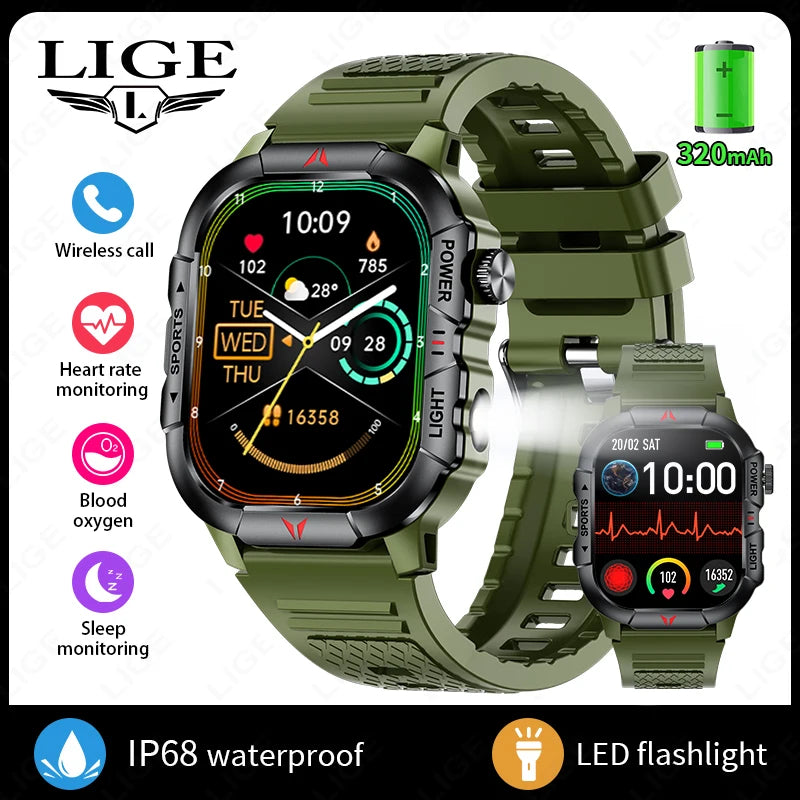 LIGE Smart Watch LED Flashlight Men Waterproof Watches 2.01-inch HD Screen Health Bracelet Military Outdoor Sport Smartwatch Man