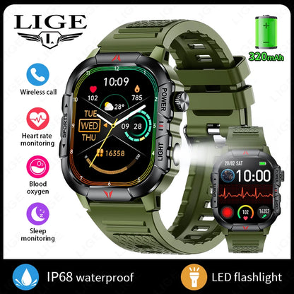 LIGE Smart Watch LED Flashlight Men Waterproof Watches 2.01-inch HD Screen Health Bracelet Military Outdoor Sport Smartwatch Man