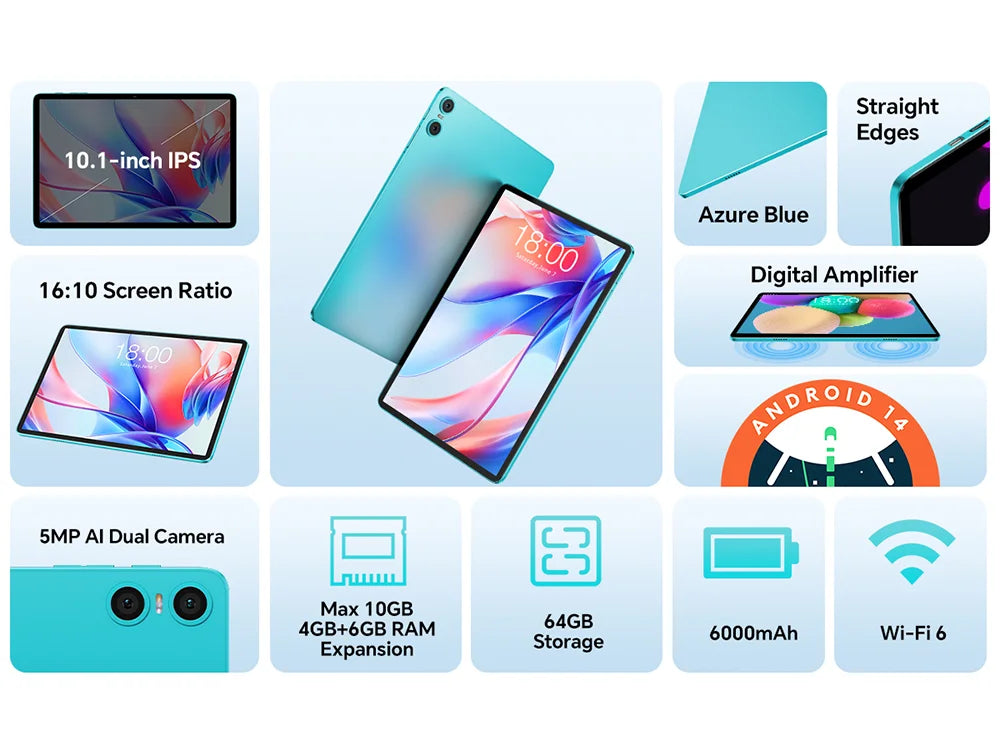 Teclast P30 Tablet  Allwinner  1.6GHz/ 4GBRAM/64GB ROM/10.1inch 1280×800iPS/WIFI/6000mAh/Type-C/5MP+2MP Camera/Android 14)