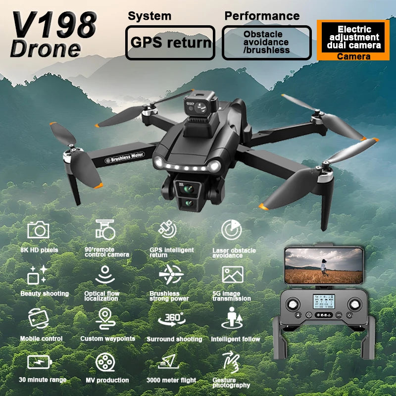 V198GPS Drone 8K Profesional HD Camera ESC Brushless Obstacle Avoidance Aerial Optical Foldable Quadcopter Mini Dron