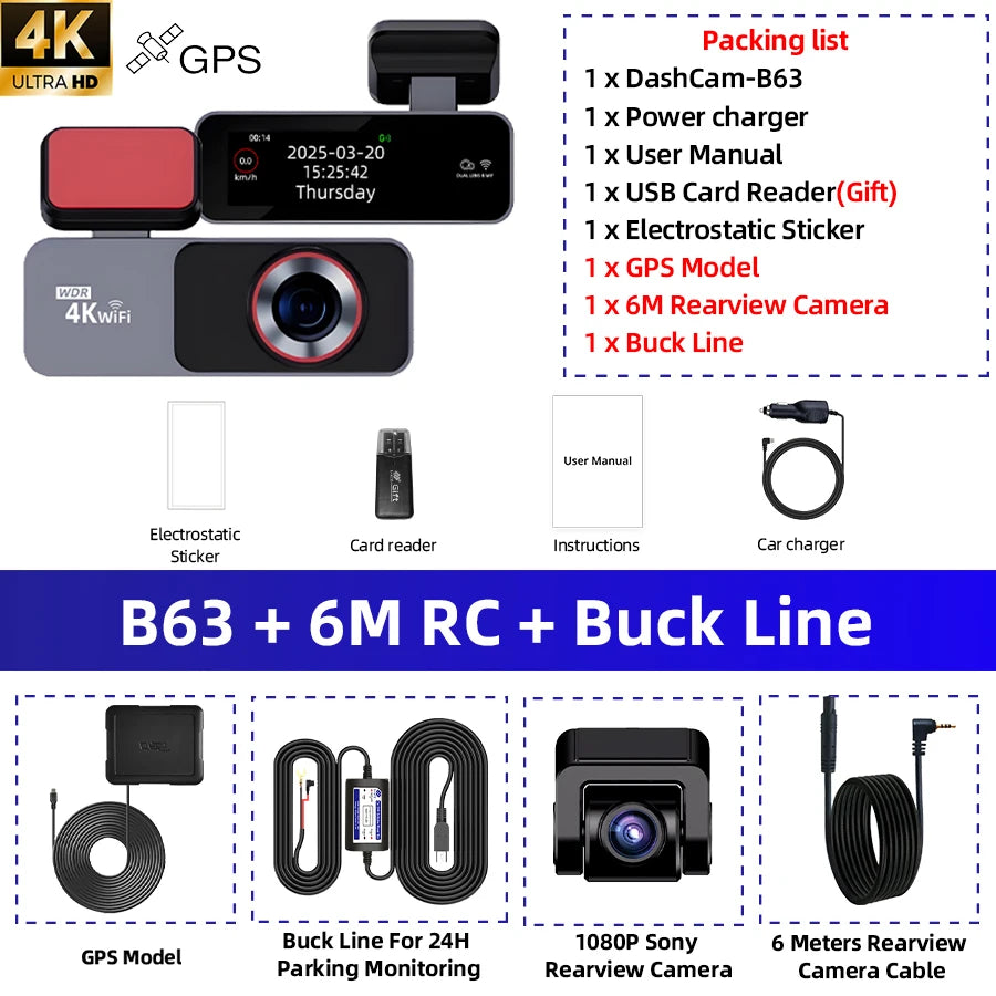Dash Cam 4K HD Ultra Wide Angle Loop Recording Dash Cam Built-in WiFi Optional Dual Lens 24 Hours Parking Monitoring