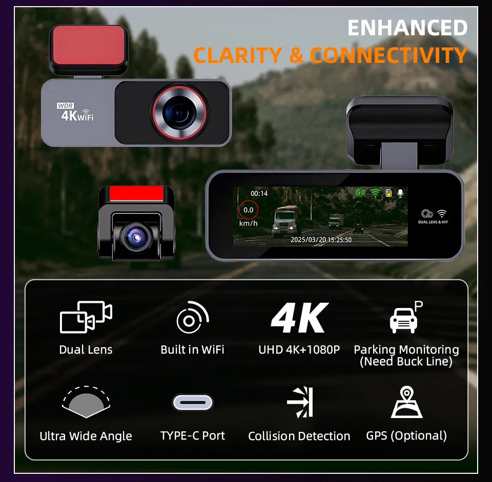 Dash Cam 4K HD Ultra Wide Angle Loop Recording Dash Cam Built-in WiFi Optional Dual Lens 24 Hours Parking Monitoring