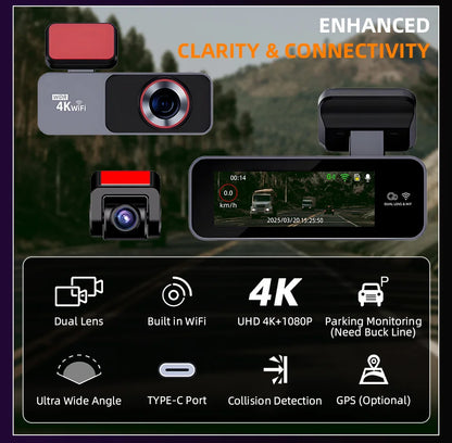 Dash Cam 4K HD Ultra Wide Angle Loop Recording Dash Cam Built-in WiFi Optional Dual Lens 24 Hours Parking Monitoring