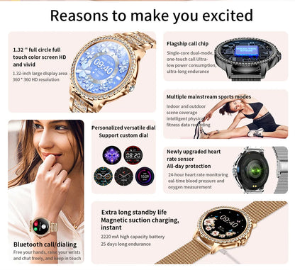 2023 New Fashion Women Bluetooth Call Smart Watch 1.32" AMOLED 360*360 HD Screen Sports Fitness Ladies Smartwatch Diamond Band
