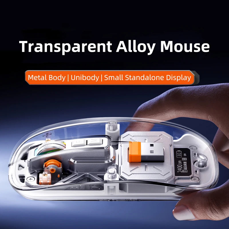 Full of technological sense! Translucent wireless mouse with multi-mode connection and metal roller.