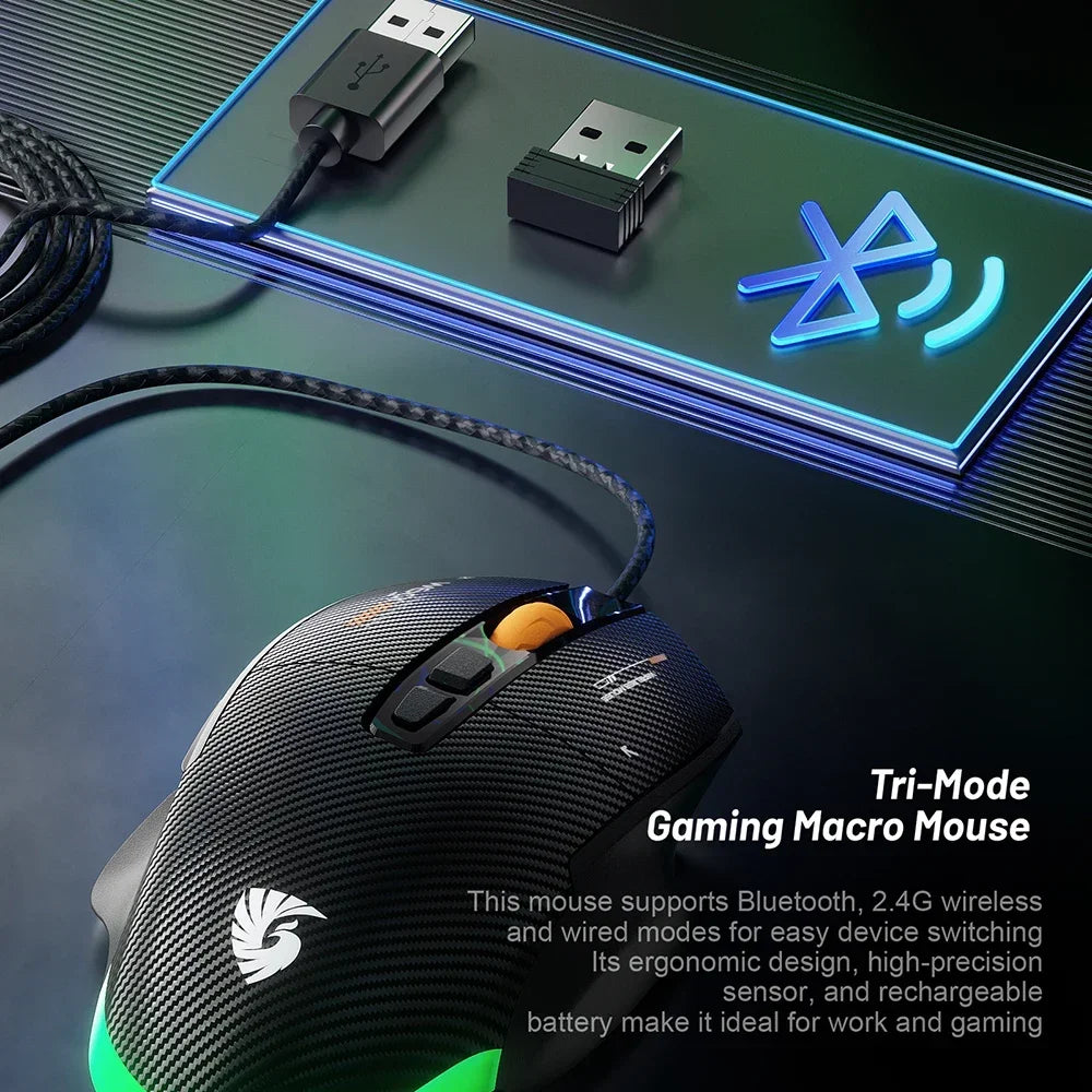 Wireless Game Mouse 12800DPI 1000Hz BT/2.4G/Wired 7 Buttons Macro Mouse for E-sports Ergonomic Design RGB Backlit