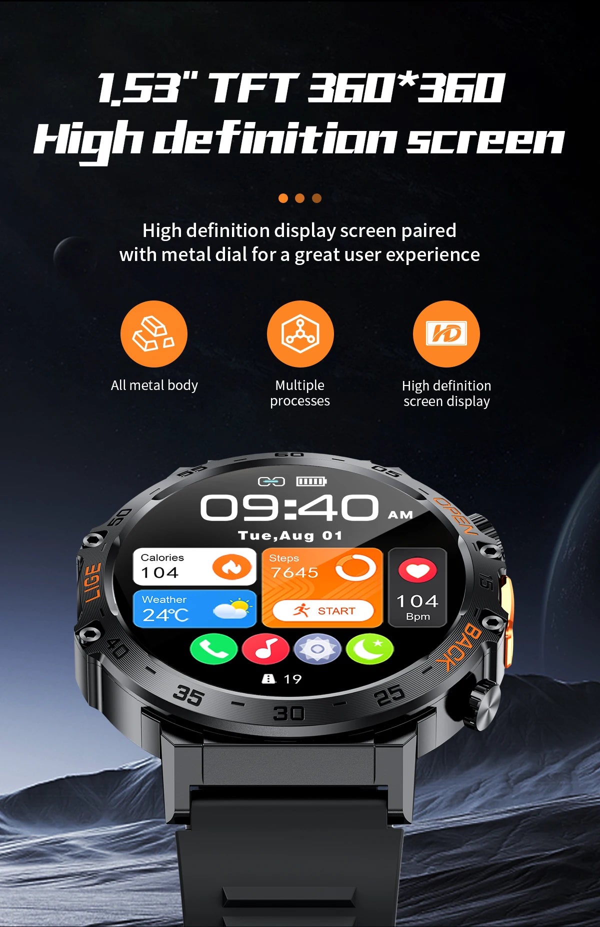 LIGE 2025New Smart Watch Men 360*360 AMOLED HD Screen Waterproof Sport Fitness Watches Flashlight New Smartwatch For Android ios