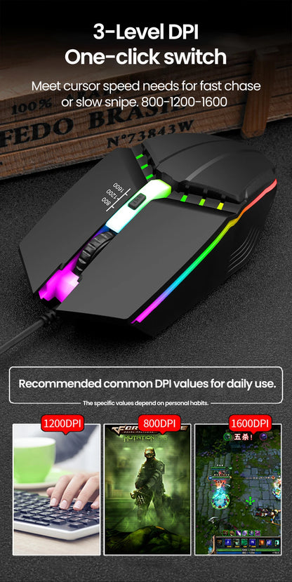 Elough Mute Wired Mouse USB Wired Gaming Mouse For Desktop PC Laptop Computer Home Office RGB LED Luminous Backlit Mouse Game