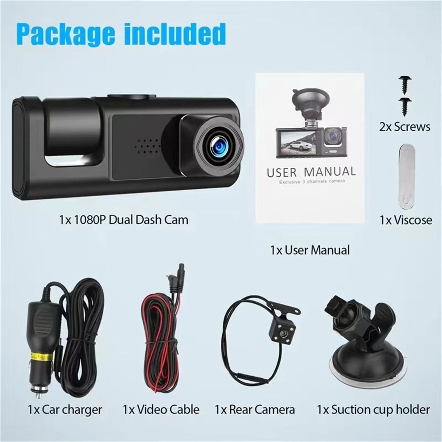 Dash Cam Recording Car Camera DVR S1 2"Screen HD 1080P 3 Cameras+WiFi (Front/Rear/In car) Night Vision Video Recorder