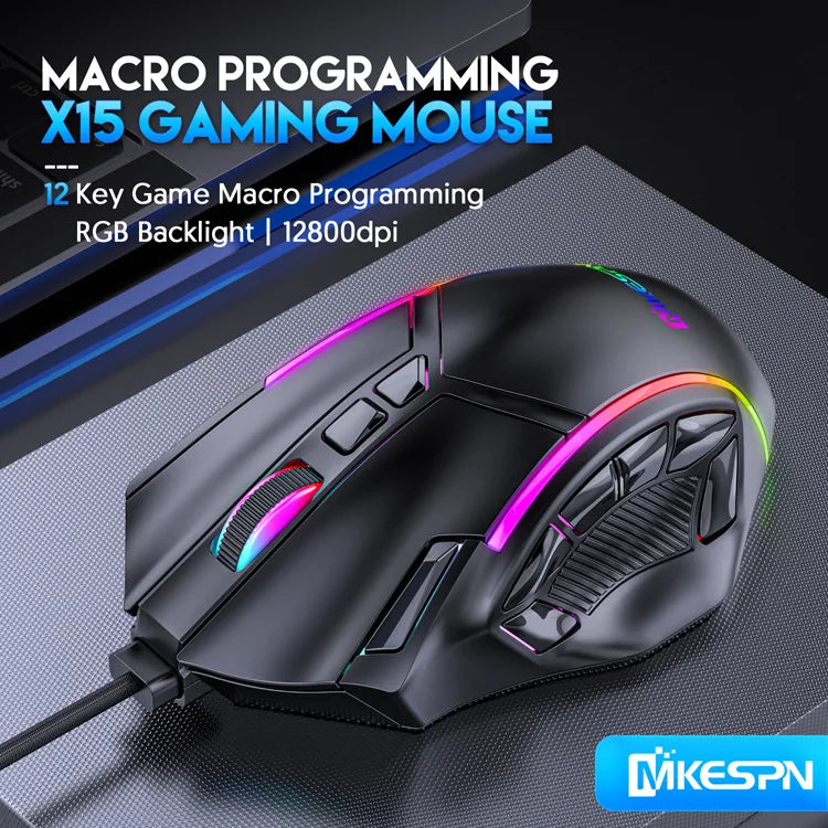 Macro Definition Wired Rgb Gaming Mouse  Full Speed 12800dpi 12 Keys Computer Accessories