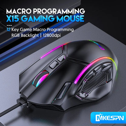 Macro Definition Wired Rgb Gaming Mouse  Full Speed 12800dpi 12 Keys Computer Accessories