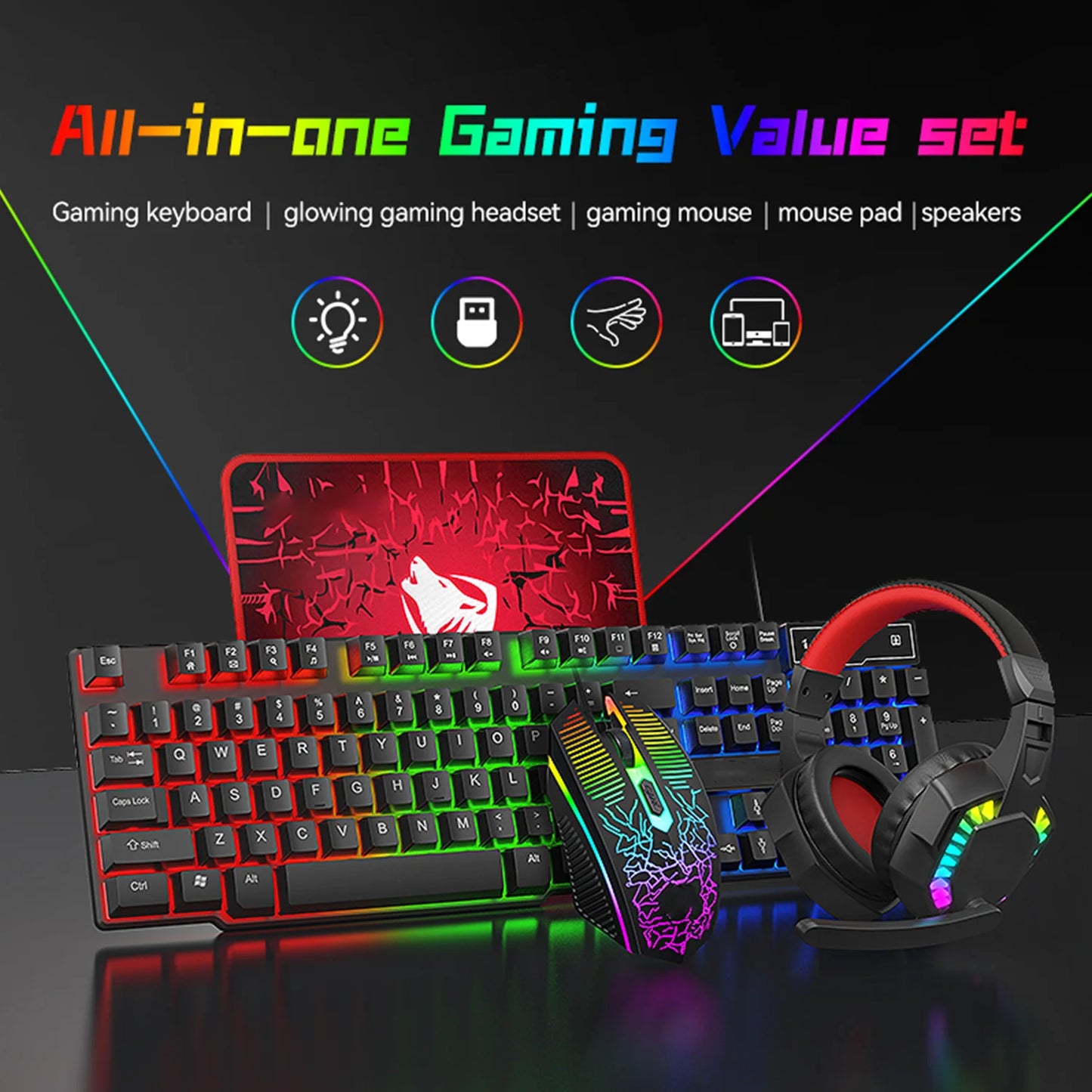 Five-piece Gaming Combo 104 Keys Keyboard 4-color Breathing Light Mouse 3.5mm Gaming Headset Gaming Speaker Anti-slip Mouse Pad