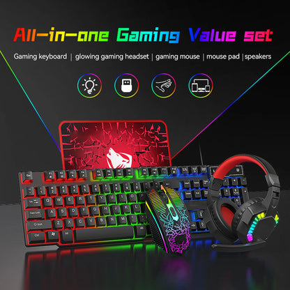 Five-piece Gaming Combo 104 Keys Keyboard 4-color Breathing Light Mouse 3.5mm Gaming Headset Gaming Speaker Anti-slip Mouse Pad