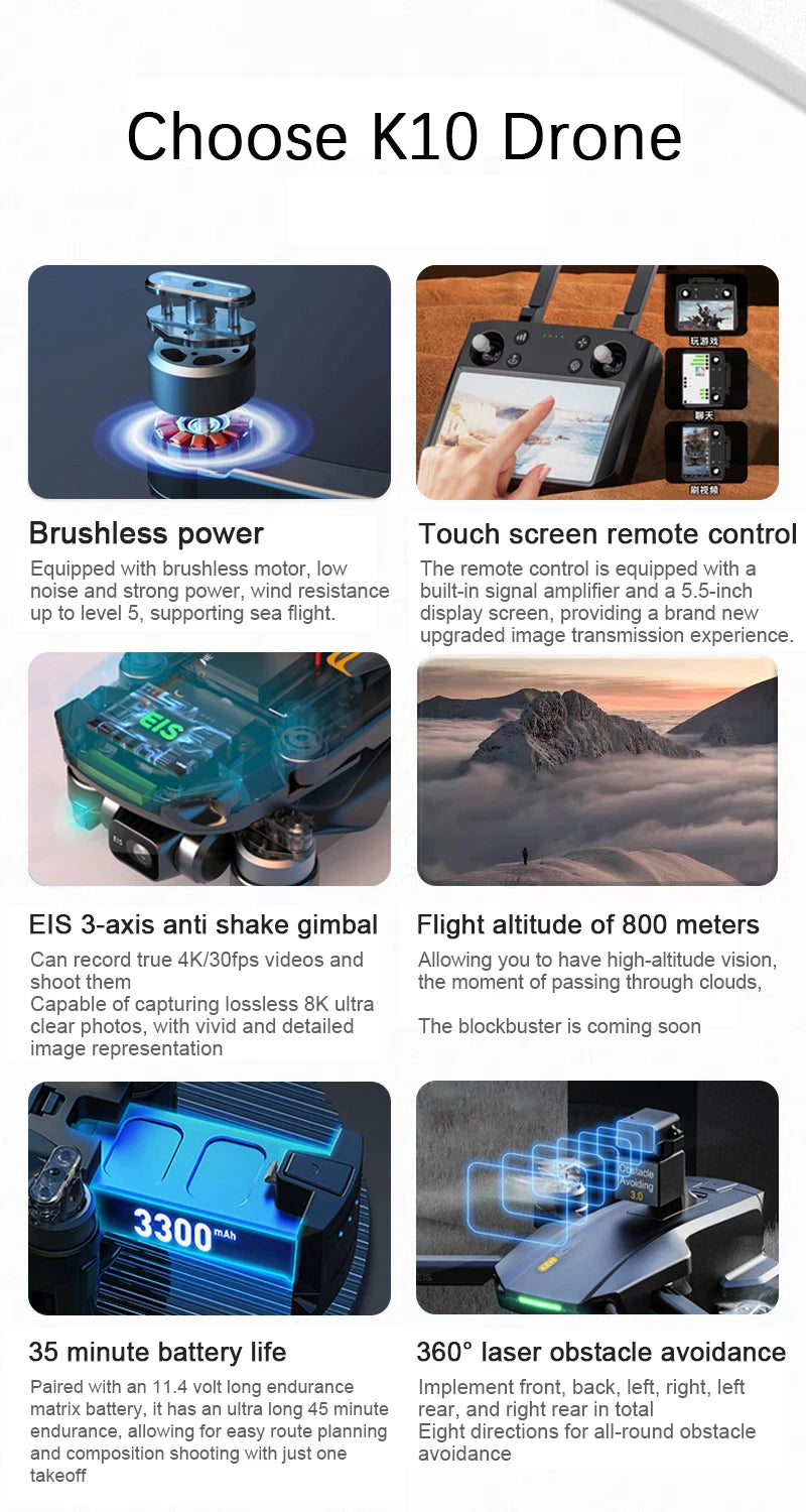 10KM 35 Mins With Touch Screen RC K10 Professional GPS Drone with 3-Axis Gimbal 8K Dual Camera FPV Brushless Airdrop Quadcopter