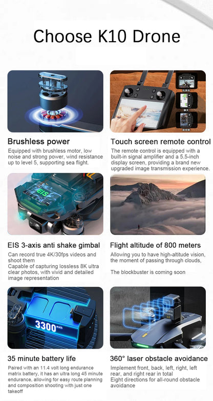 10KM 35 Mins With Touch Screen RC K10 Professional GPS Drone with 3-Axis Gimbal 8K Dual Camera FPV Brushless Airdrop Quadcopter