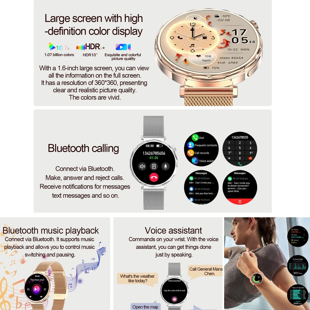Fashion Women Bluetooth Call Smart Watch Watch AMOLED HD Screen Health Monitoring Waterproof Smartwatches 2025 New Android IOS