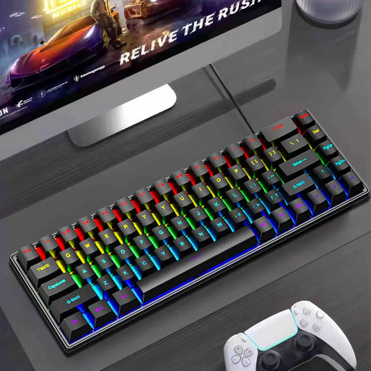 2025 new 68-key game mechanical keyboard mini 65% compact RGB backlit ergonomic wired film keyboard, suitable for laptop desktop