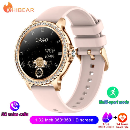 2023 New Fashion Women Bluetooth Call Smart Watch 1.32" AMOLED 360*360 HD Screen Sports Fitness Ladies Smartwatch Diamond Band